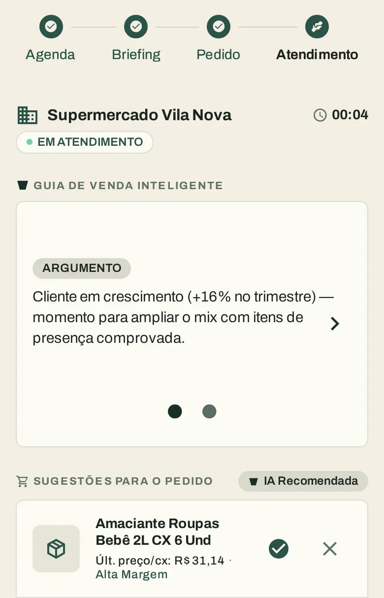 Tela de atendimento do Arx CO durante a visita: cronômetro, um argumento de venda e uma sugestão para o pedido com os botões de aceitar e recusar. Dados de demonstração.