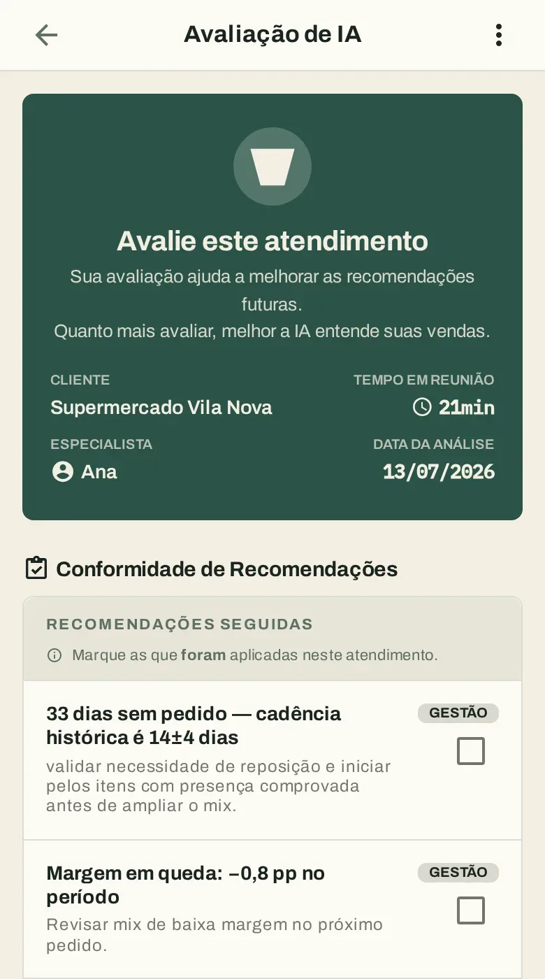 Avaliação do atendimento no Arx CO: resumo da visita e a lista de recomendações para o vendedor marcar as que seguiu. Dados de demonstração.