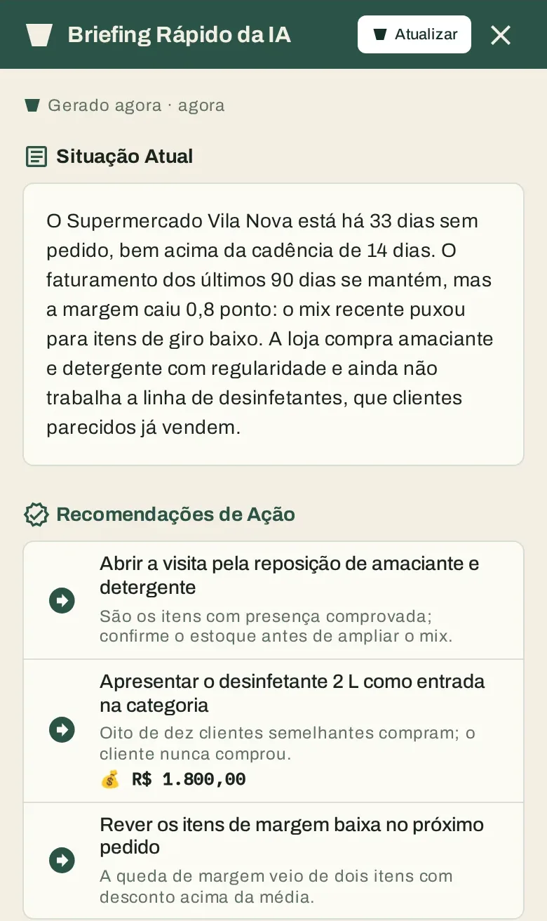 Briefing rápido do Arx CO: um parágrafo escrito pela IA sobre a situação do cliente e três recomendações de ação com justificativa. Dados de demonstração.