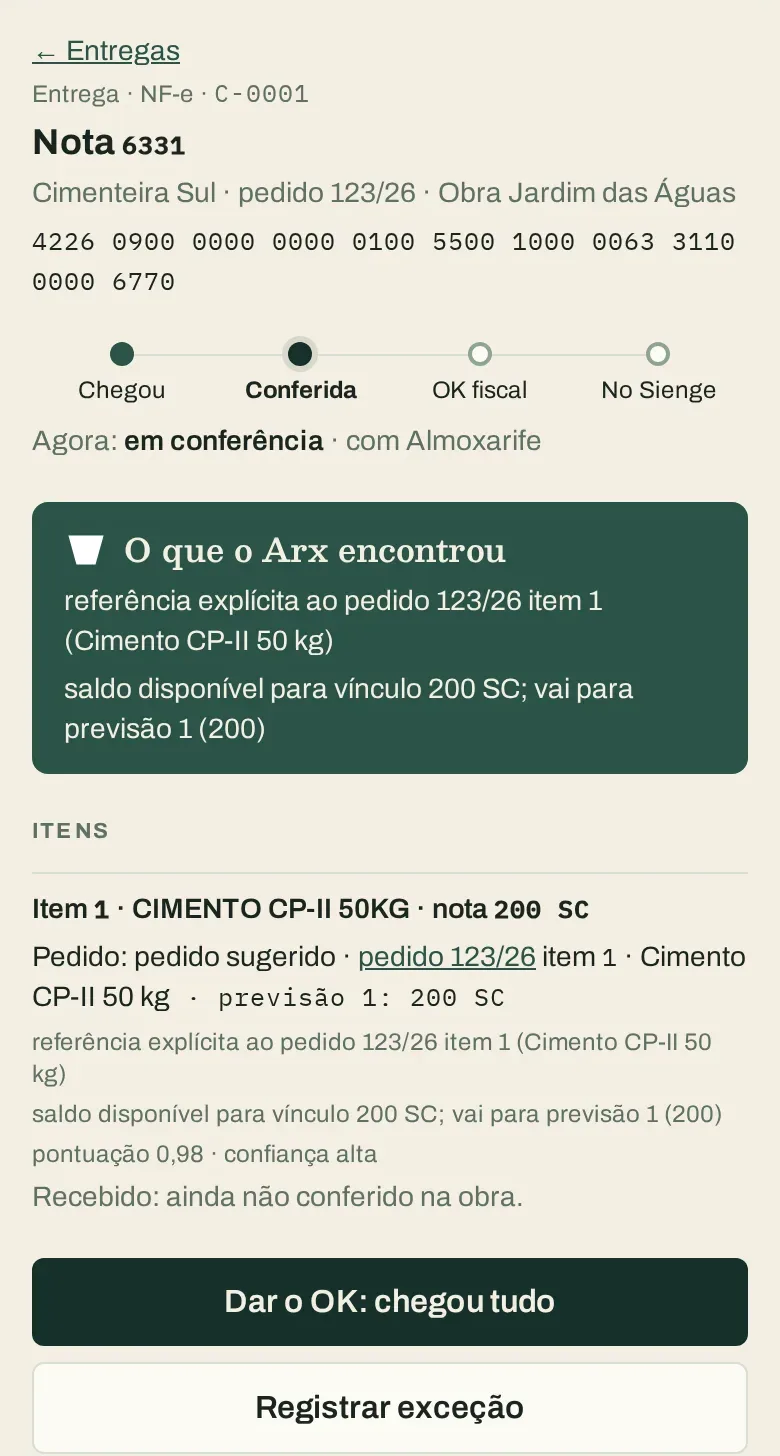 Tela do Arx NF no celular: a conferência da nota 6331, com o pedido sugerido e o motivo, e os botões Dar o OK: chegou tudo e Registrar exceção. Dados de demonstração.