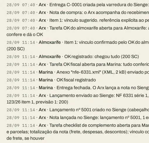 Histórico de uma entrega no Arx NF: cada passo com data, hora e autor, da criação da entrega pela leitura do Sienge ao OK do almoxarife, ao OK fiscal e ao lançamento no Sienge. Dados de demonstração.
